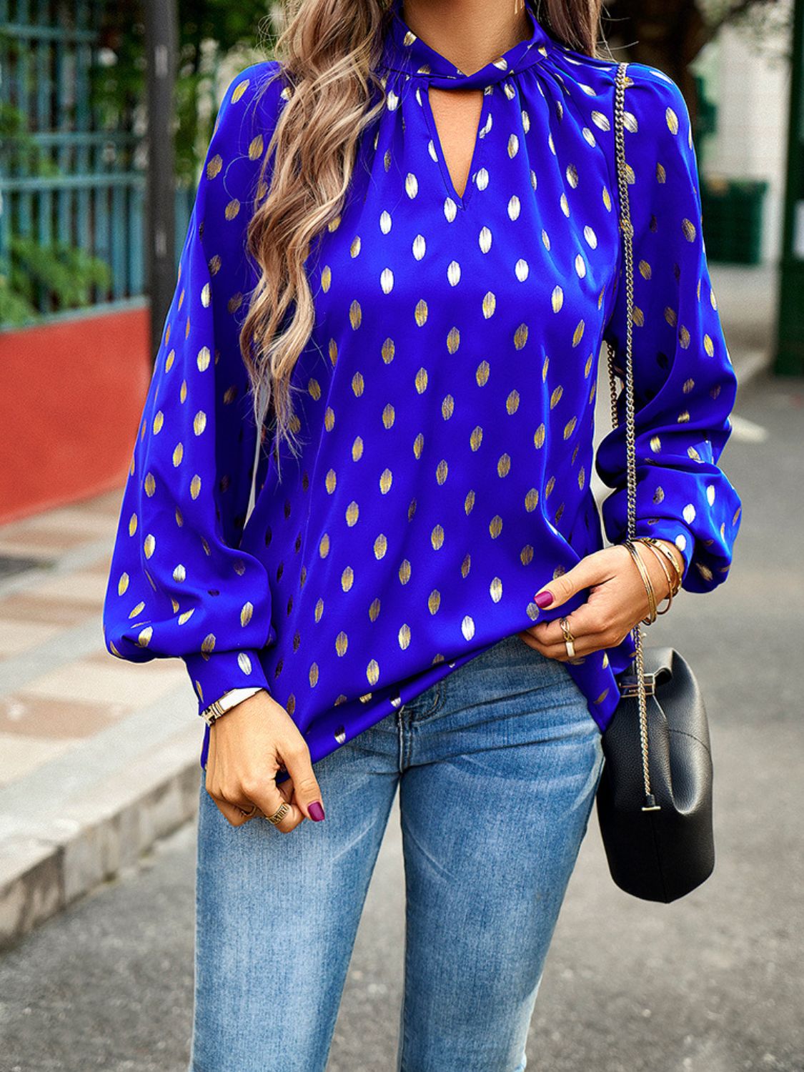 Mock Neck Cutout Lantern Sleeve Blouse BLUE ZONE PLANET