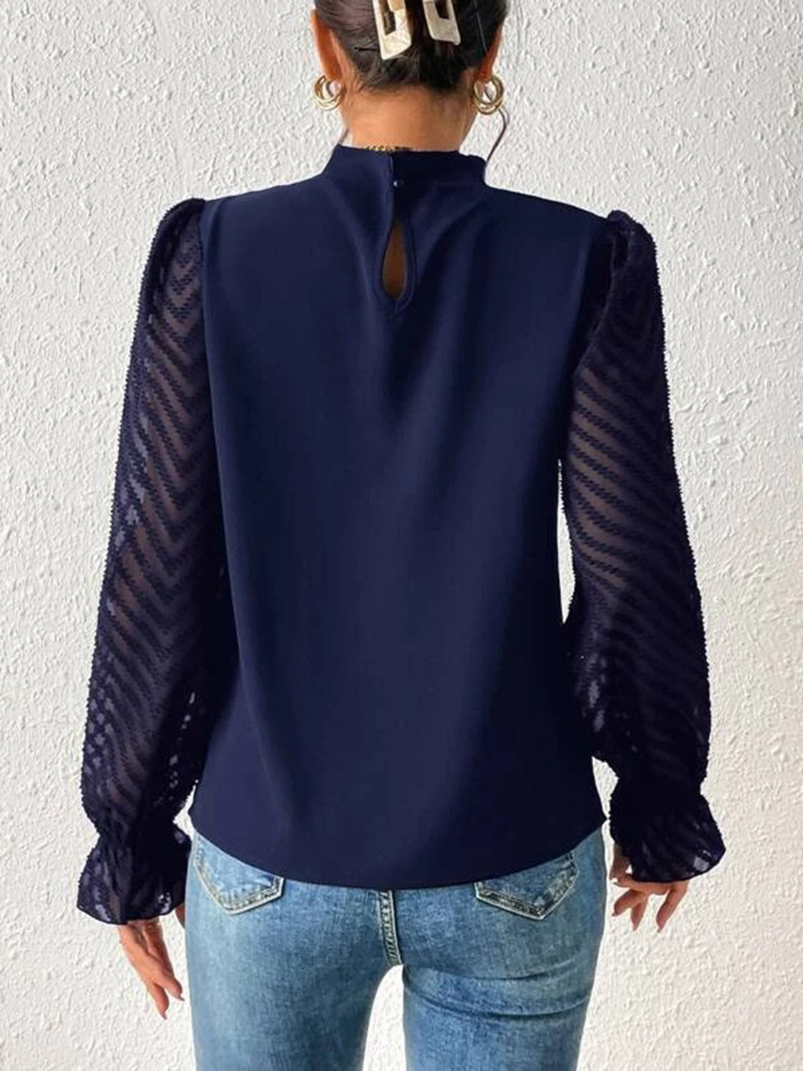 Mock Neck Flounce Sleeve Blouse BLUE ZONE PLANET