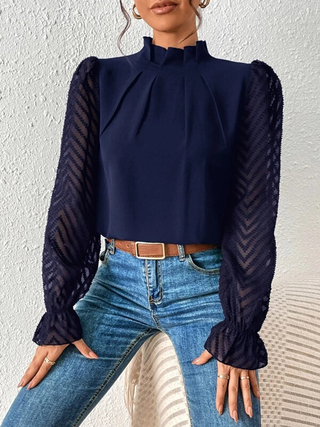 Mock Neck Flounce Sleeve Blouse BLUE ZONE PLANET