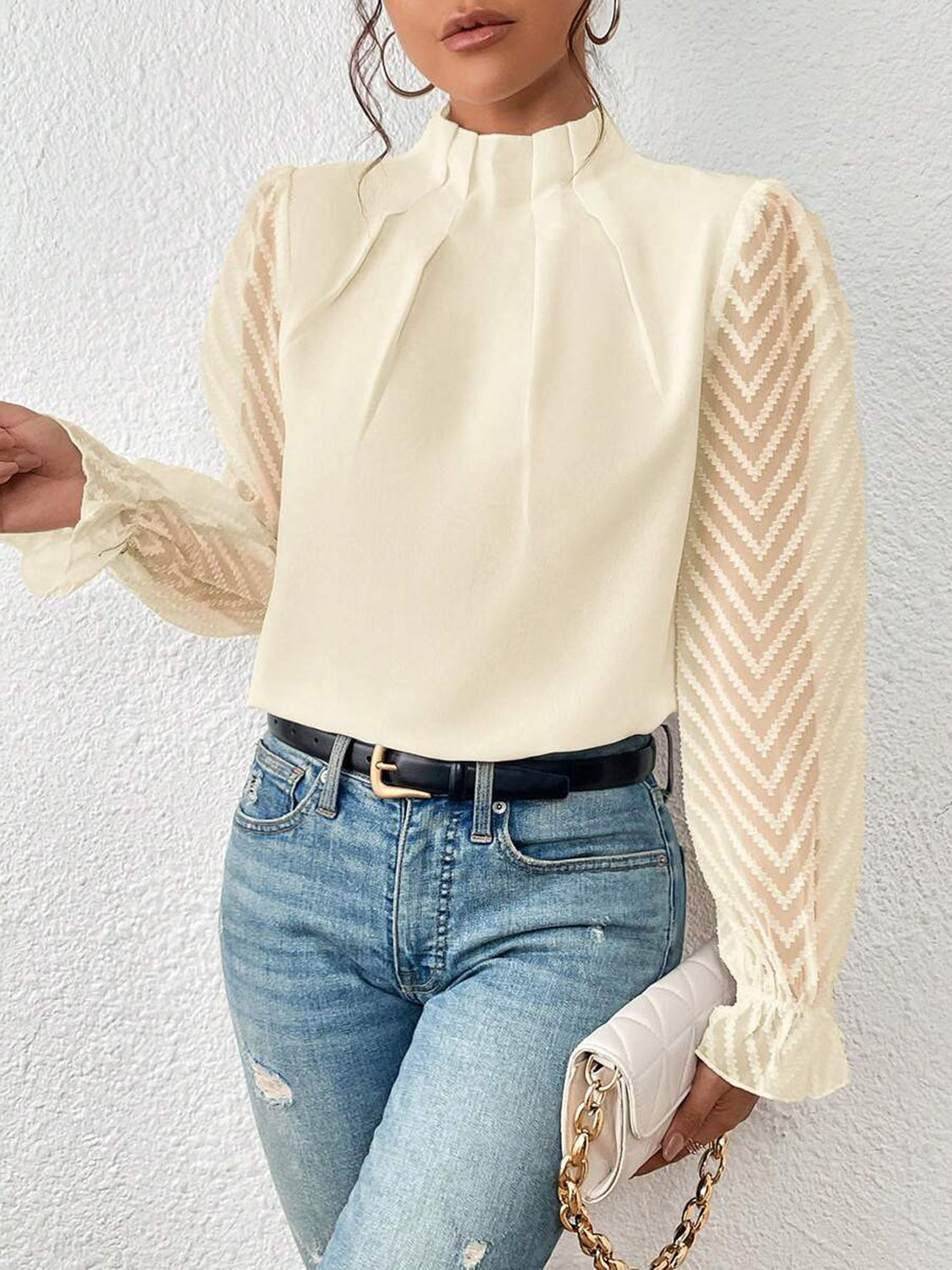 Mock Neck Flounce Sleeve Blouse BLUE ZONE PLANET