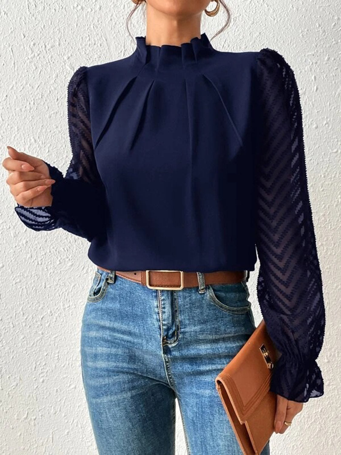 Mock Neck Flounce Sleeve Blouse BLUE ZONE PLANET