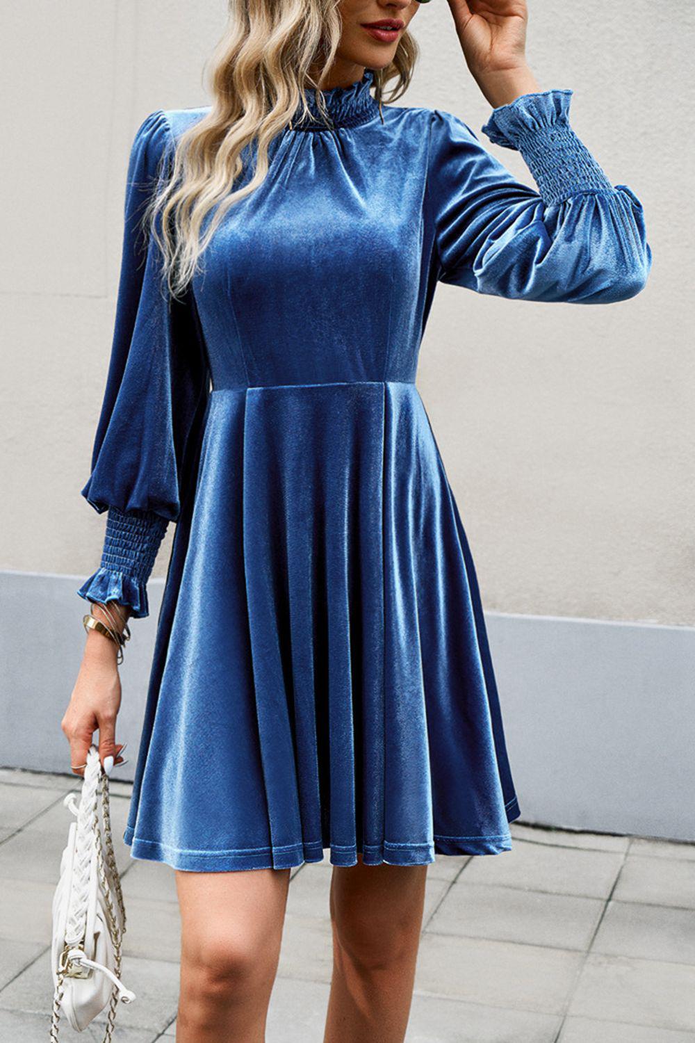 Mock Neck Lantern Sleeve Mini Dress-TOPS / DRESSES-[Adult]-[Female]-2022 Online Blue Zone Planet