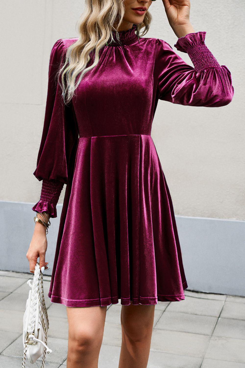Mock Neck Lantern Sleeve Mini Dress-TOPS / DRESSES-[Adult]-[Female]-2022 Online Blue Zone Planet