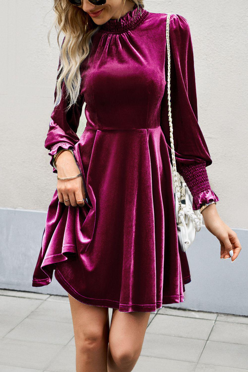 Mock Neck Lantern Sleeve Mini Dress-TOPS / DRESSES-[Adult]-[Female]-2022 Online Blue Zone Planet