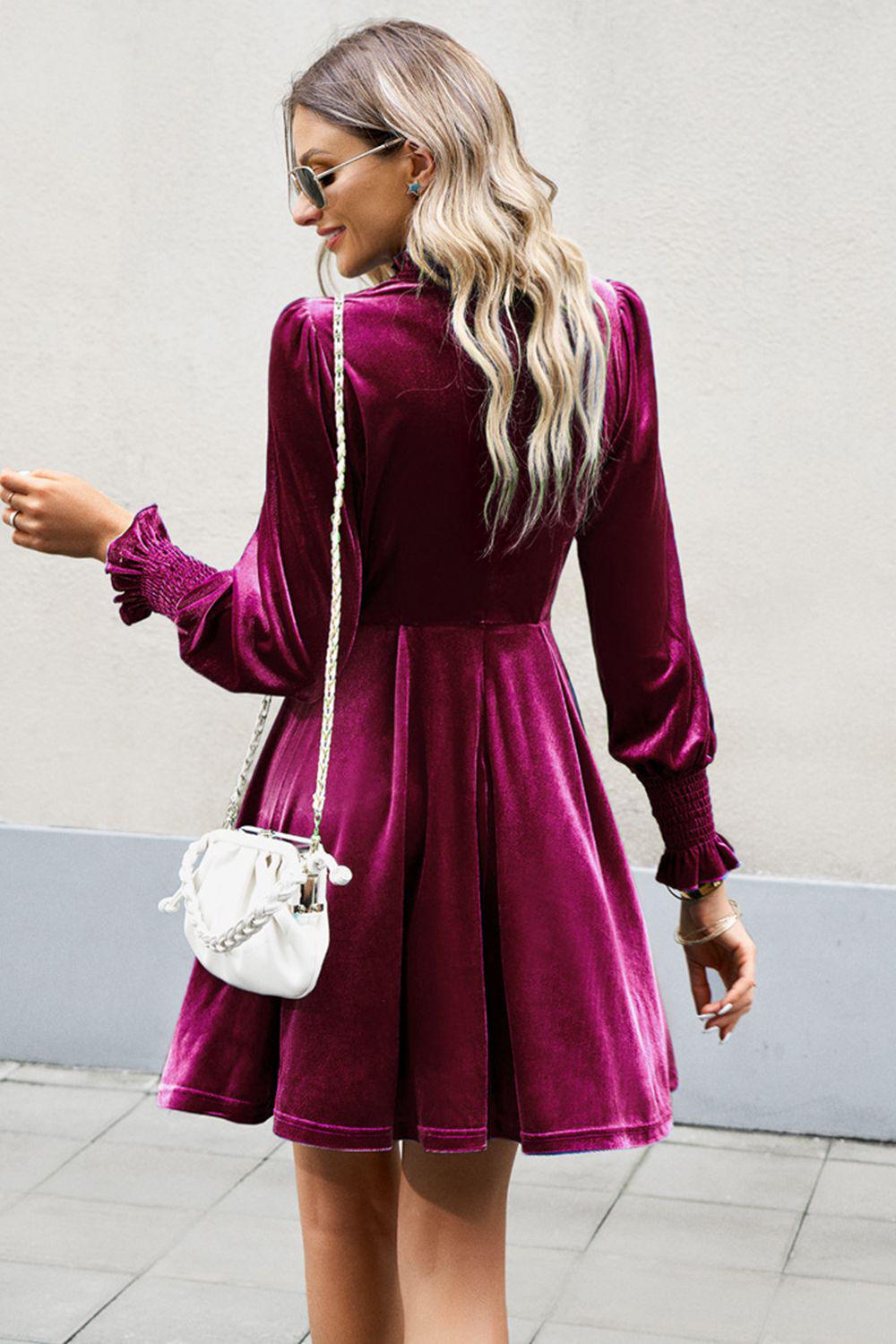 Mock Neck Lantern Sleeve Mini Dress-TOPS / DRESSES-[Adult]-[Female]-2022 Online Blue Zone Planet