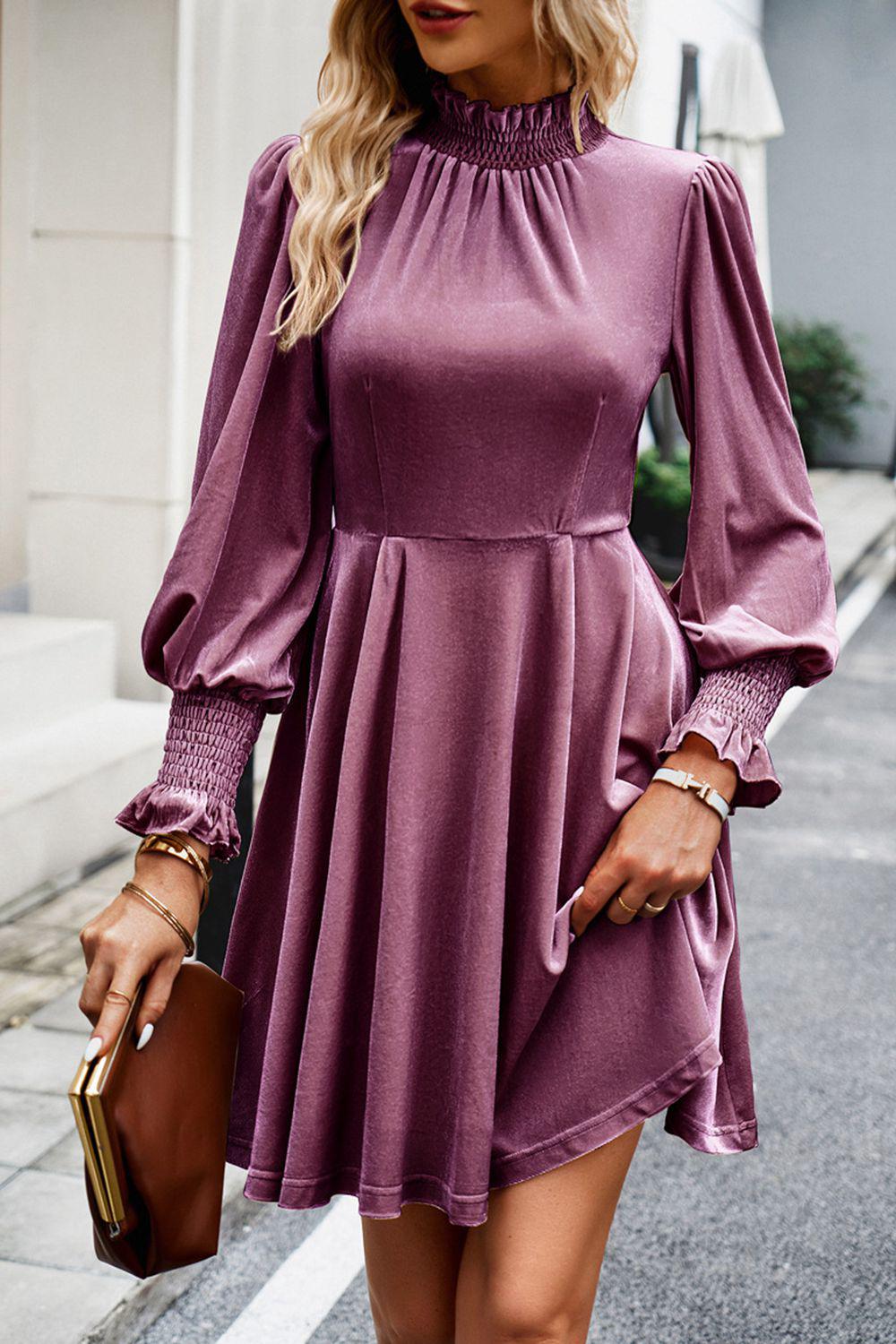 Mock Neck Lantern Sleeve Mini Dress-TOPS / DRESSES-[Adult]-[Female]-2022 Online Blue Zone Planet