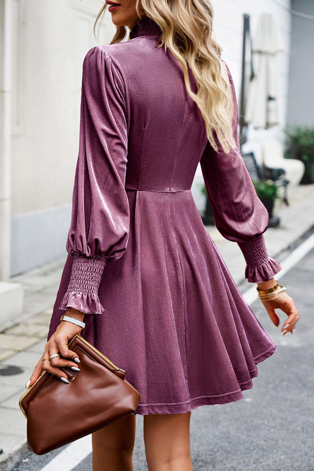 Mock Neck Lantern Sleeve Mini Dress-TOPS / DRESSES-[Adult]-[Female]-2022 Online Blue Zone Planet