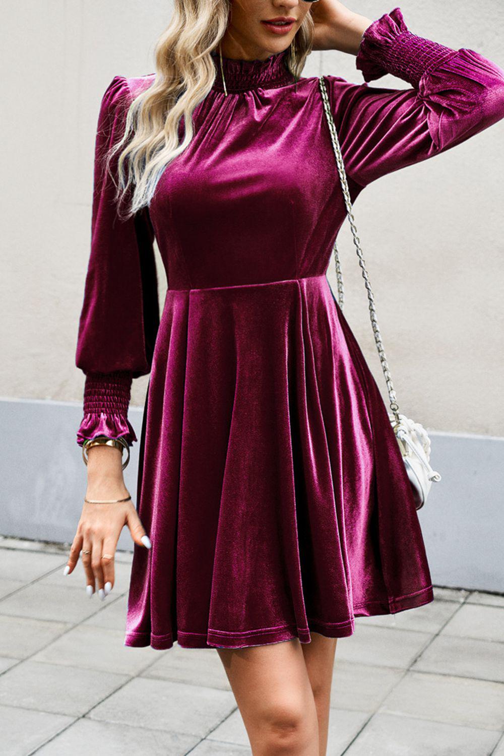 Mock Neck Lantern Sleeve Mini Dress-TOPS / DRESSES-[Adult]-[Female]-Wine-S-2022 Online Blue Zone Planet