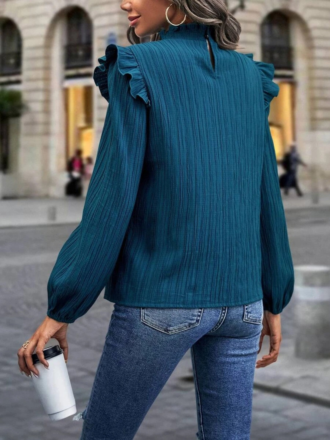 Mock Neck Ruffle Shoulder Blouse BLUE ZONE PLANET