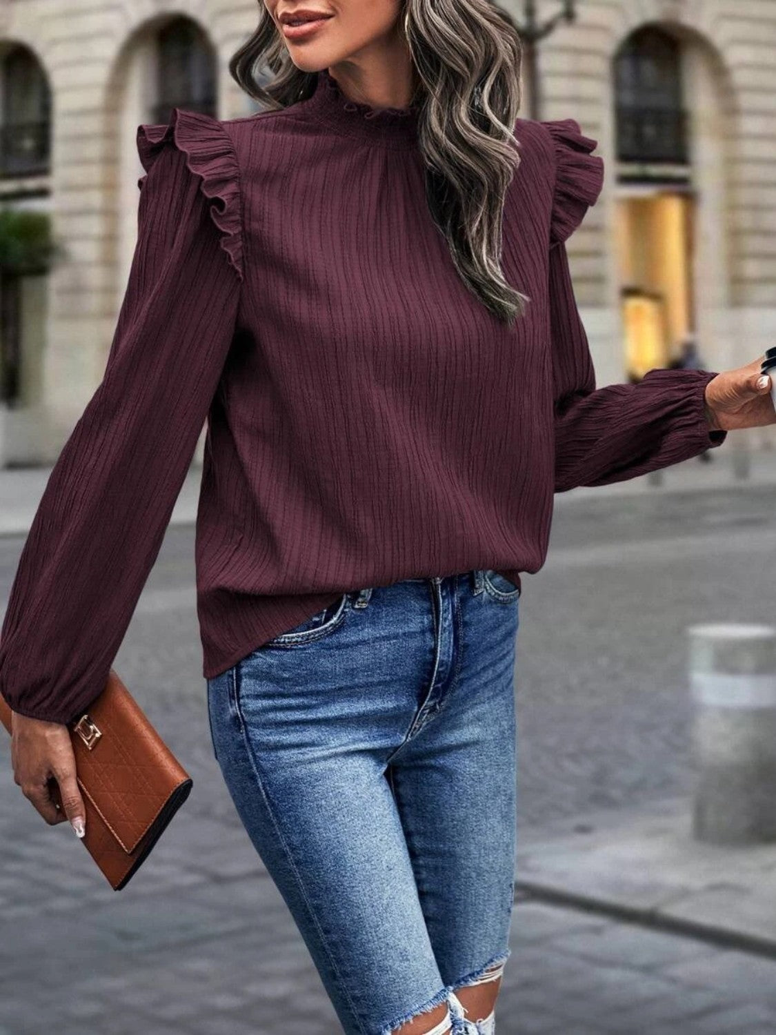 Mock Neck Ruffle Shoulder Blouse BLUE ZONE PLANET