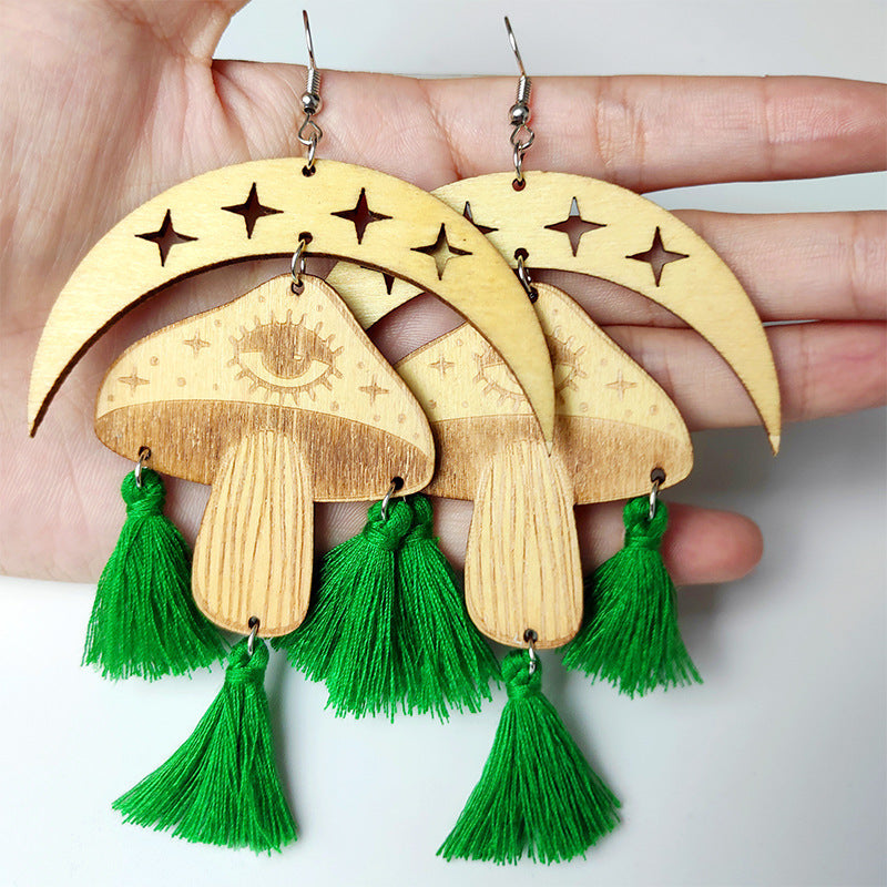 Moon & Mushroom Tassel Detail Dangle Earrings BLUE ZONE PLANET