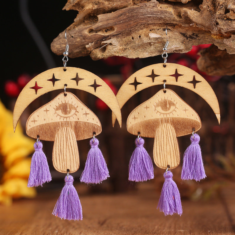 Moon & Mushroom Tassel Detail Dangle Earrings BLUE ZONE PLANET