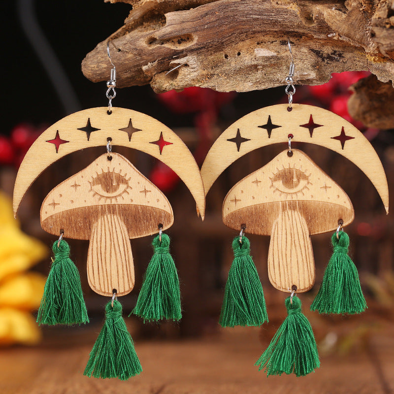 Moon & Mushroom Tassel Detail Dangle Earrings BLUE ZONE PLANET