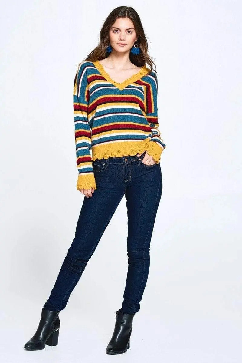 Multi-colored Variegated Striped Knit Sweater Blue Zone Planet