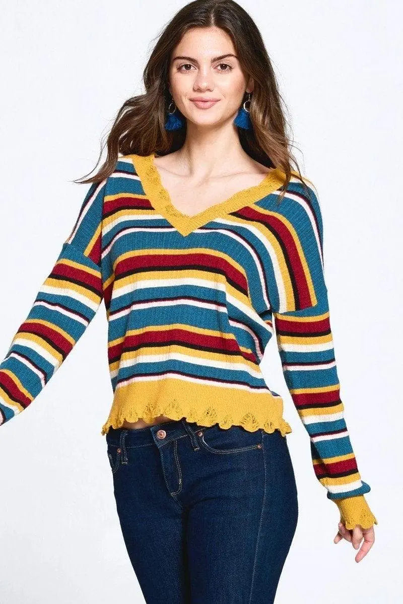 Multi-colored Variegated Striped Knit Sweater Blue Zone Planet