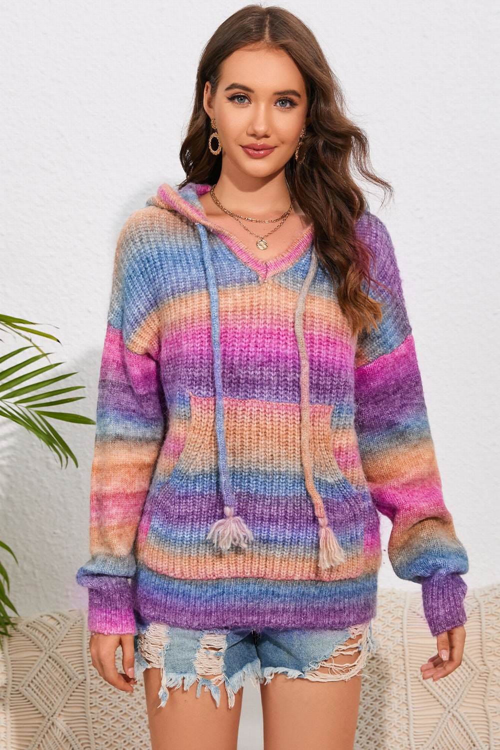 Multicolor Dropped Shoulder Hooded Sweater BLUE ZONE PLANET