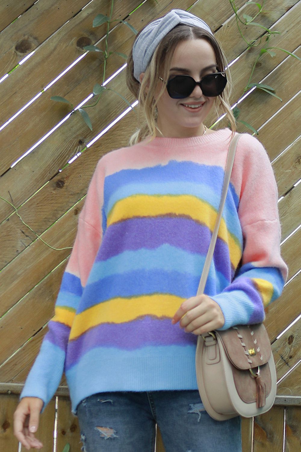 Multicolor Round Neck Dropped Shoulder Sweater BLUE ZONE PLANET
