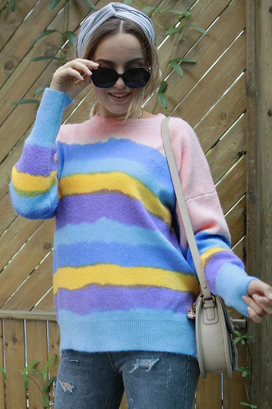 Multicolor Round Neck Dropped Shoulder Sweater BLUE ZONE PLANET