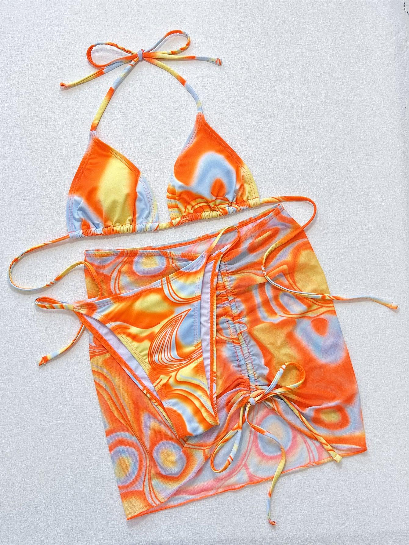 Multicolored Drawstring Ruched Three-Piece Swim Set BLUE ZONE PLANET