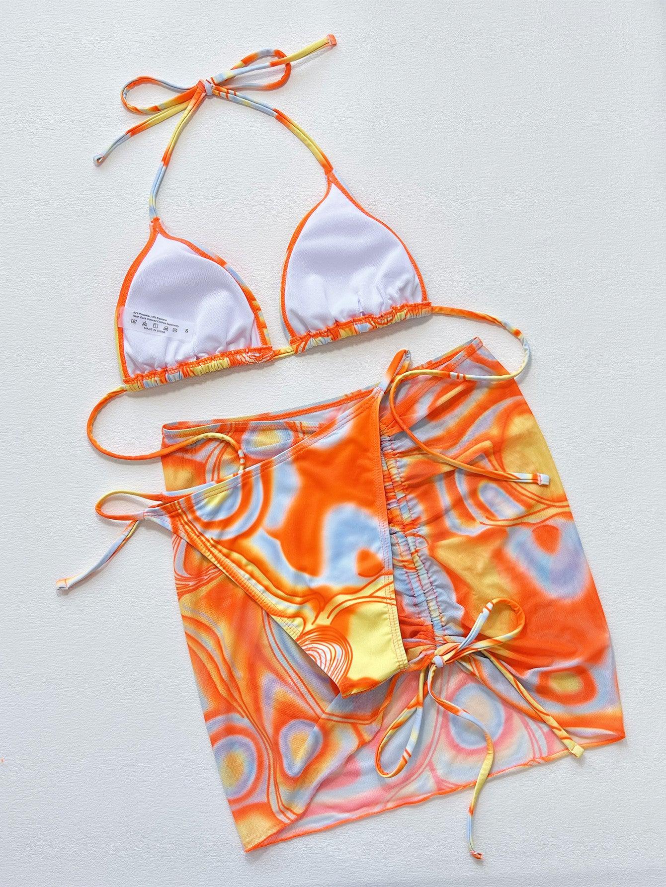 Multicolored Drawstring Ruched Three-Piece Swim Set BLUE ZONE PLANET