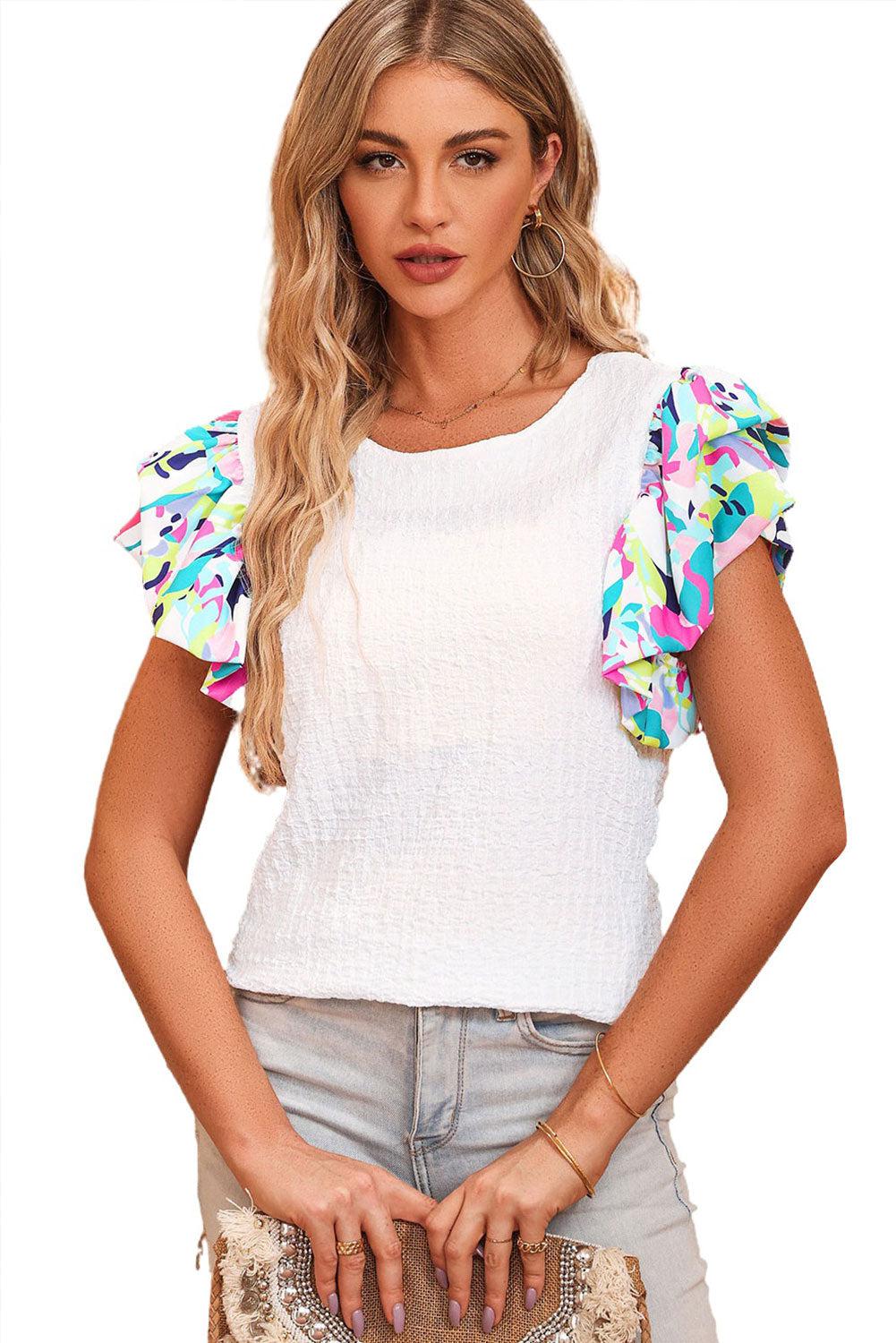 Multicolored Flutter Sleeve Round Neck Blouse BLUE ZONE PLANET