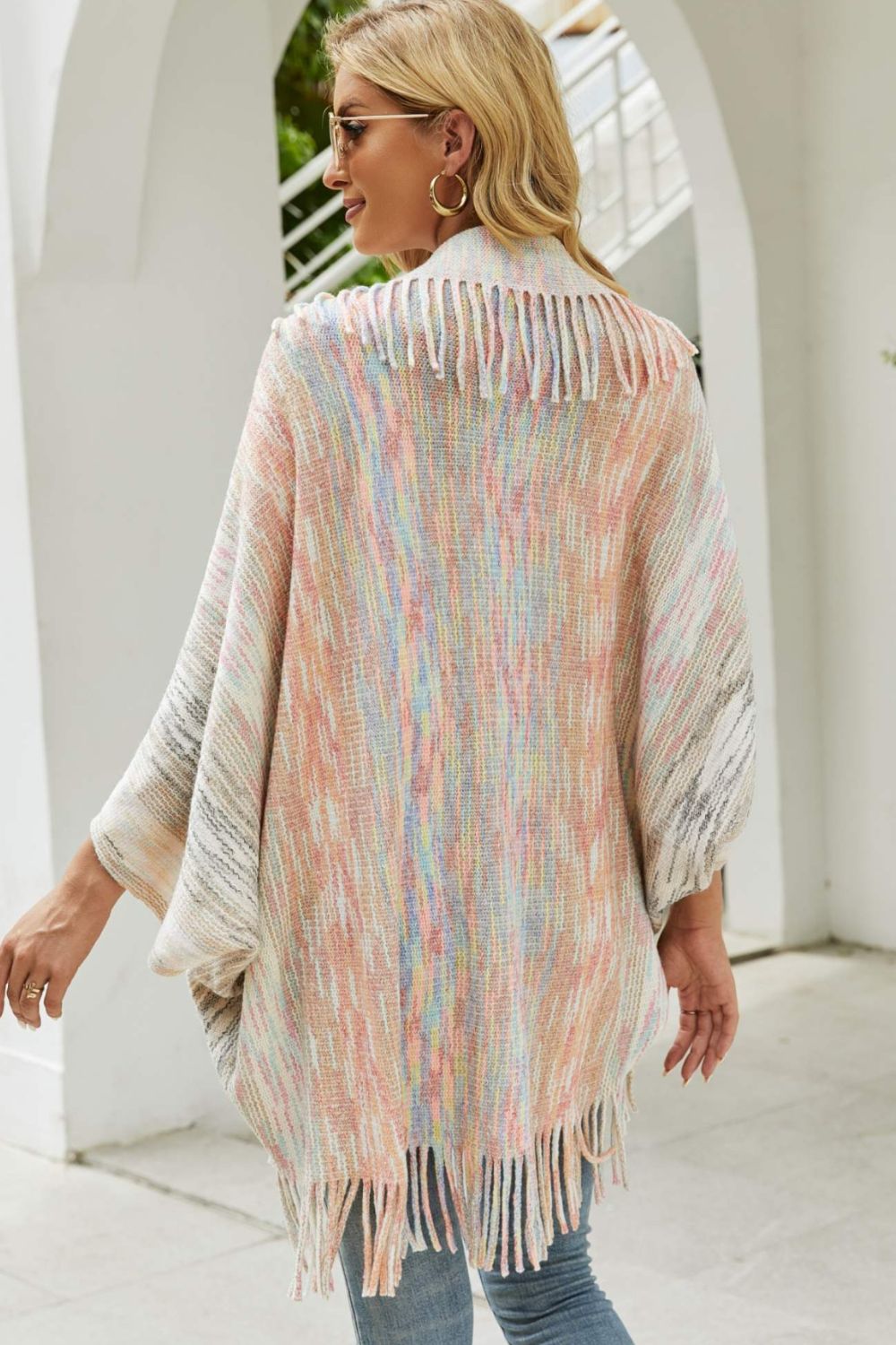 Multicolored Fringe Trim Poncho BLUE ZONE PLANET