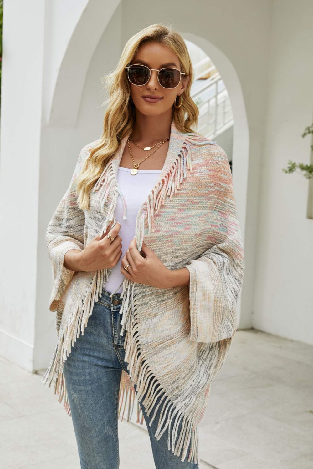 Multicolored Fringe Trim Poncho BLUE ZONE PLANET