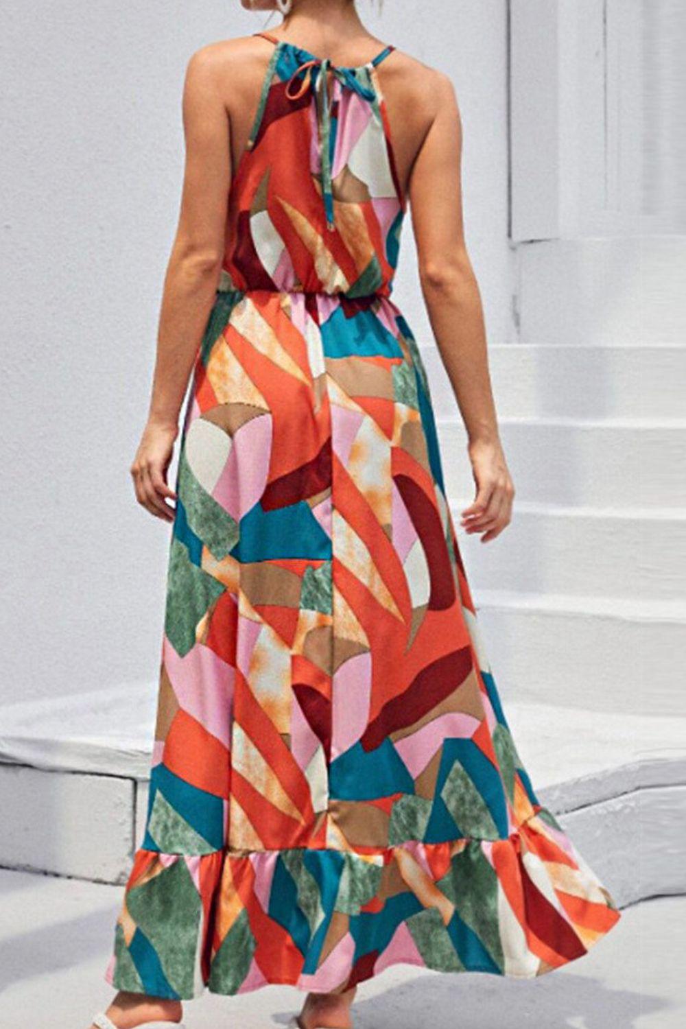 Multicolored Tied Grecian Neck Maxi Dress BLUE ZONE PLANET