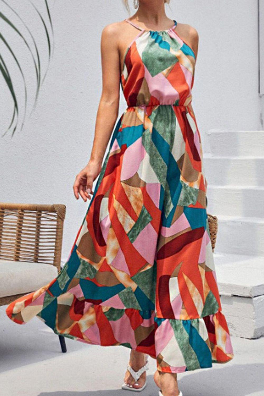 Multicolored Tied Grecian Neck Maxi Dress BLUE ZONE PLANET