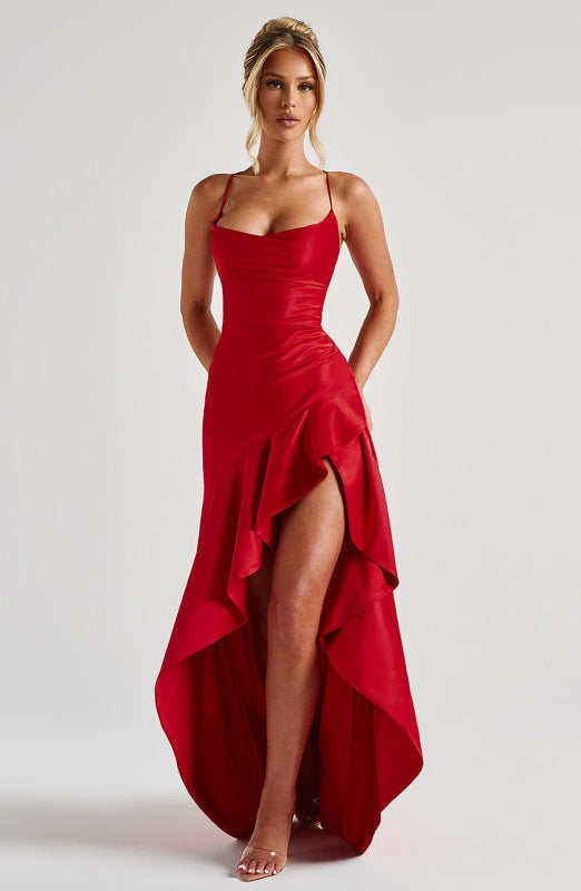 Sexy halter dress with ruffled, irregular hem.-[Adult]-[Female]-Red-S-2022 Online Blue Zone Planet