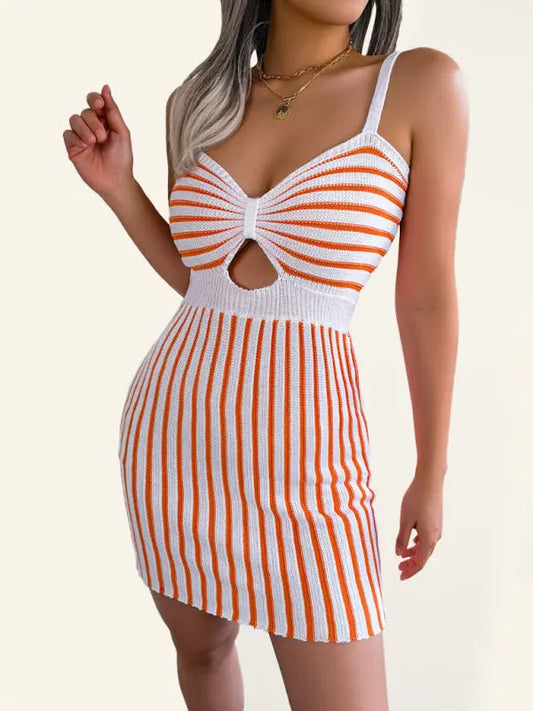Nadia's Contrasting Color Cutout Striped High Waist Knit Sling Bodycon mini dress kakaclo