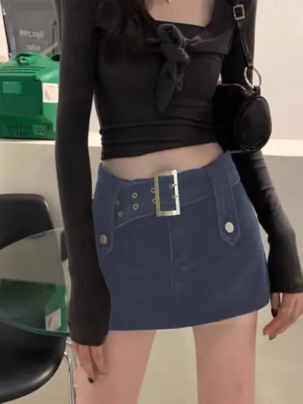 Nadia's Y2K washed denim high waist slim mini skirt kakaclo