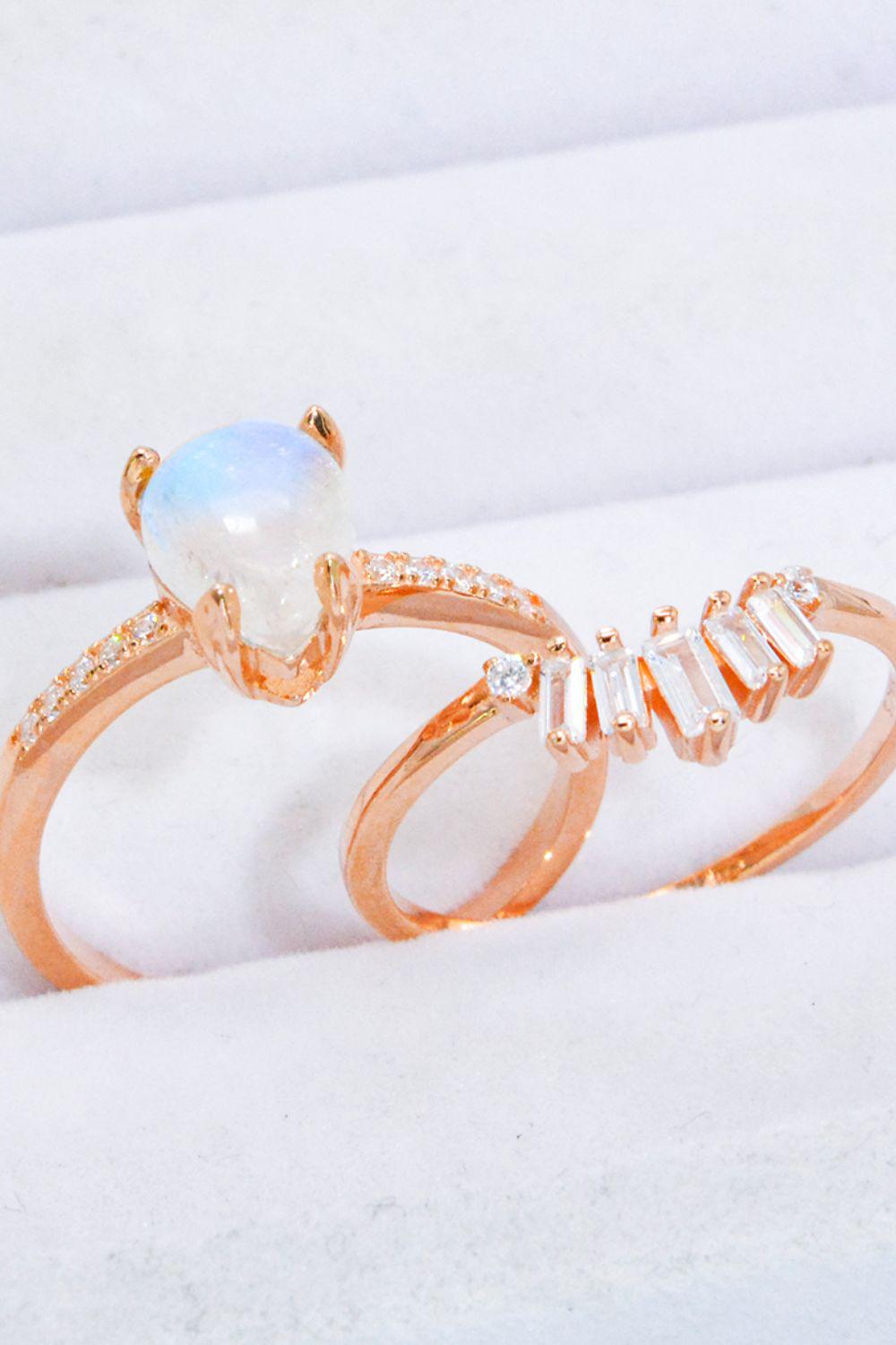 Natural Moonstone and Zircon 18K Rose Gold-Plated Two-Piece Ring Set BLUE ZONE PLANET