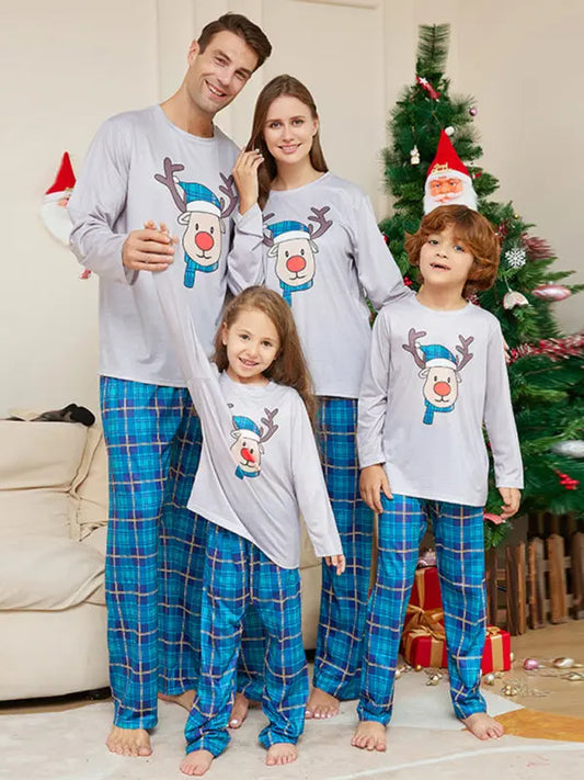 New Christmas Cartoon Deer Head Blue Plaid Round Neck Long Sleeve Parent-Child Family Pajamas Set kakaclo