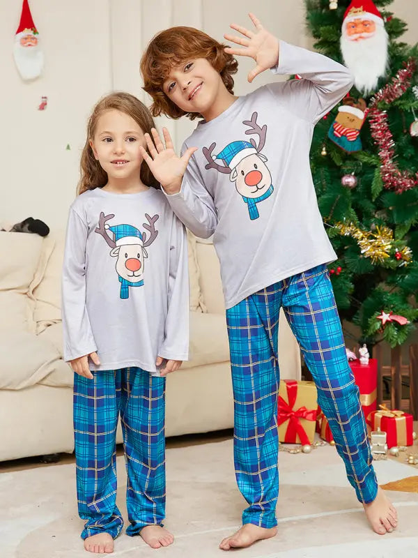 New Christmas Cartoon Deer Head Blue Plaid Round Neck Long Sleeve Parent-Child Family Pajamas Set kakaclo