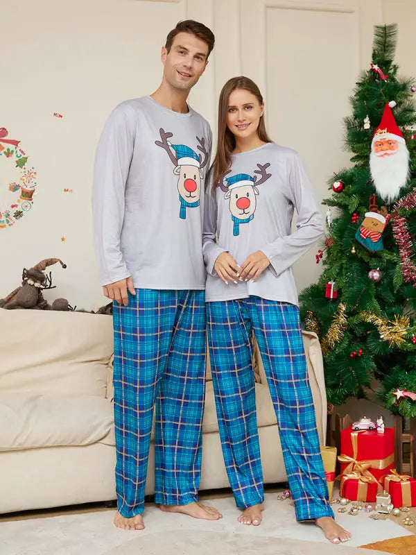 New Christmas Cartoon Deer Head Blue Plaid Round Neck Long Sleeve Parent-Child Family Pajamas Set kakaclo