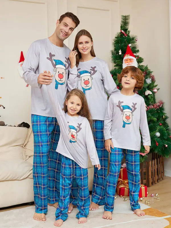 New Christmas Cartoon Deer Head Blue Plaid Round Neck Long Sleeve Parent-Child Family Pajamas Set kakaclo