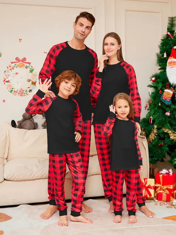 New Christmas solid color plaid print parent-child home wear pajamas set kakaclo