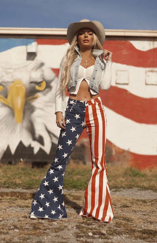 New Independence Day Flag Print Women's Flared Jeans BLUE ZONE PLANET
