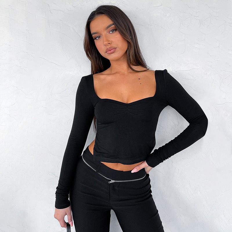 New Solid Color Square Neck Long Sleeve Gathered Side Slit Crop Top T-Shirt BLUE ZONE PLANET