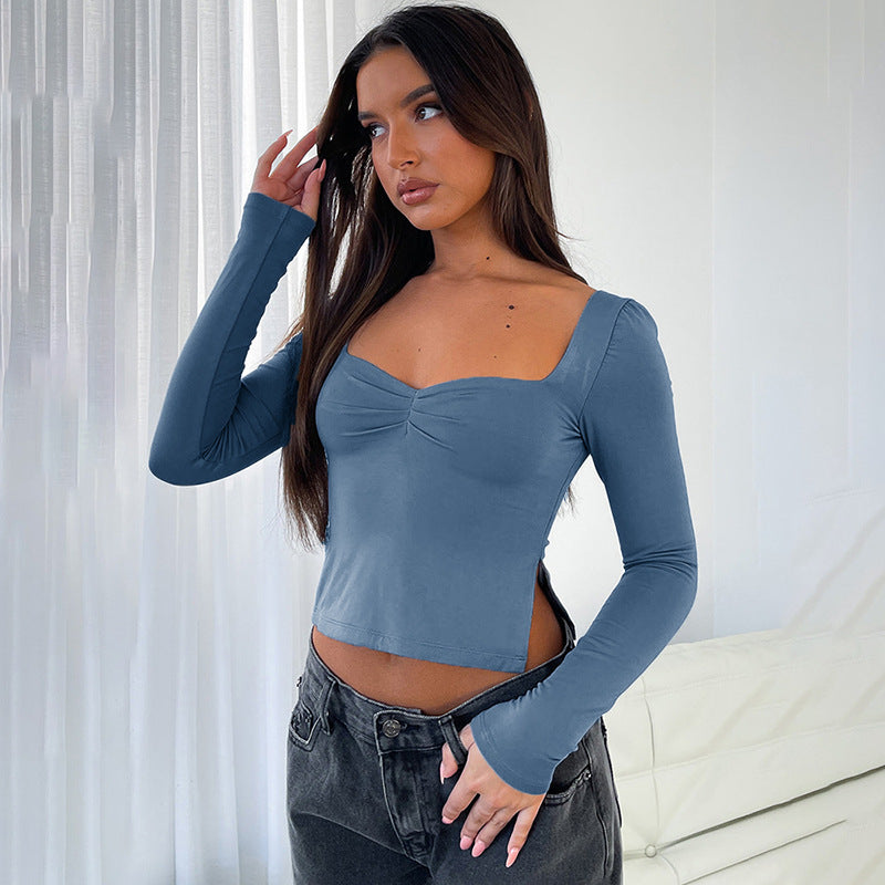 New Solid Color Square Neck Long Sleeve Gathered Side Slit Crop Top T-Shirt BLUE ZONE PLANET