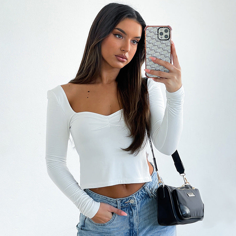 New Solid Color Square Neck Long Sleeve Gathered Side Slit Crop Top T-Shirt BLUE ZONE PLANET