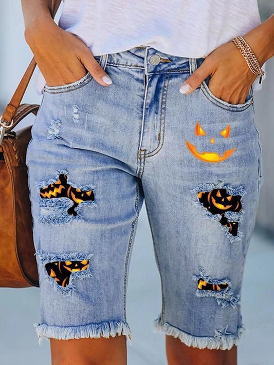 New denim casual five-point pants Halloween printed pants raw edge jeans BLUE ZONE PLANET