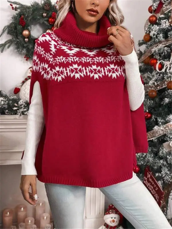 New high collar Christmas red cape sleeve geographical pattern knitted cape sweater kakaclo
