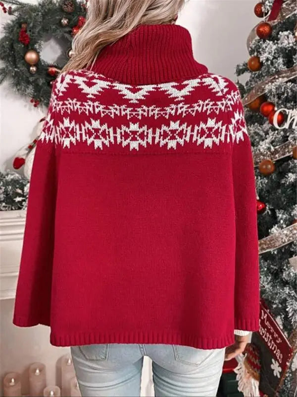 New high collar Christmas red cape sleeve geographical pattern knitted cape sweater kakaclo