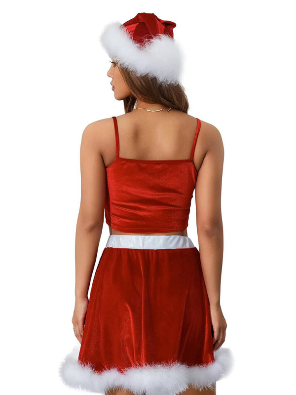 New off-shoulder Christmas red suspender feather Christmas skirt (including hat) BLUE ZONE PLANET