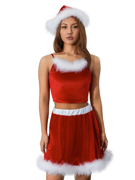 New off-shoulder Christmas red suspender feather Christmas skirt (including hat)-TOPS / DRESSES-[Adult]-[Female]-Red-S-2022 Online Blue Zone Planet