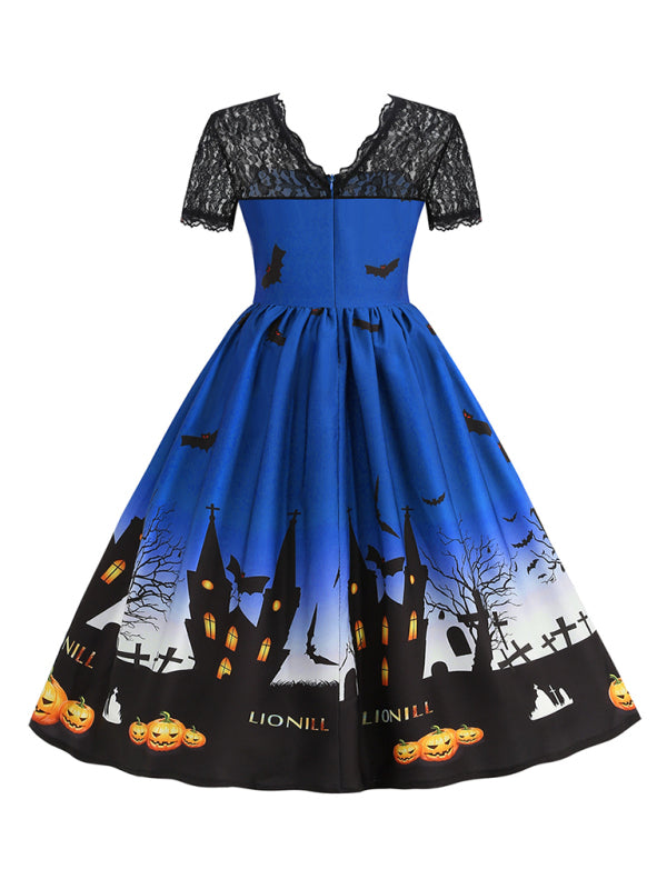 New retro lace round neck short-sleeved printed wide skirt dress BLUE ZONE PLANET