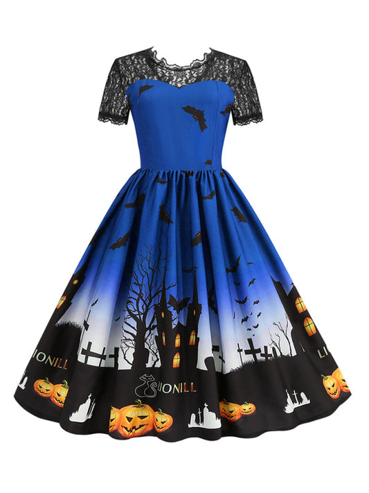 New retro lace round neck short-sleeved printed wide skirt dress BLUE ZONE PLANET