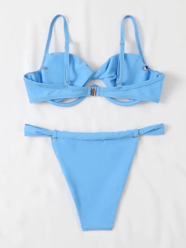 New solid color twist bag V drag hollow sexy bikini BLUE ZONE PLANET